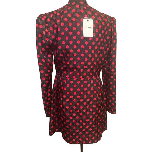 RE/DONE Sz M 80s Wrap Jacquard 100% Silk Polka Dot Mini Dress NWT‎ long sleeve - Picture 3 of 13